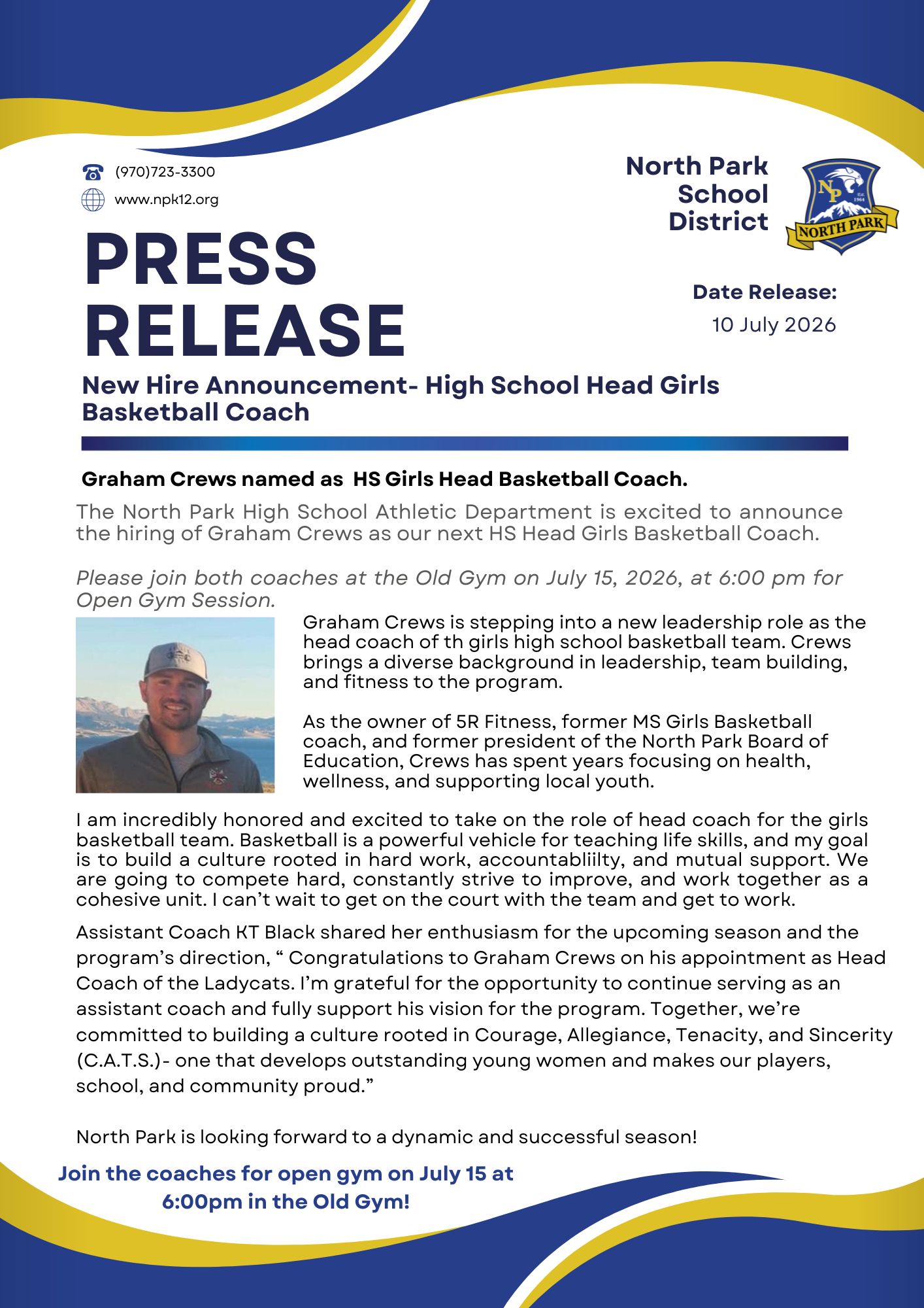 Press release- hiring of Graham Crews as HS Girls Head BBall Coach